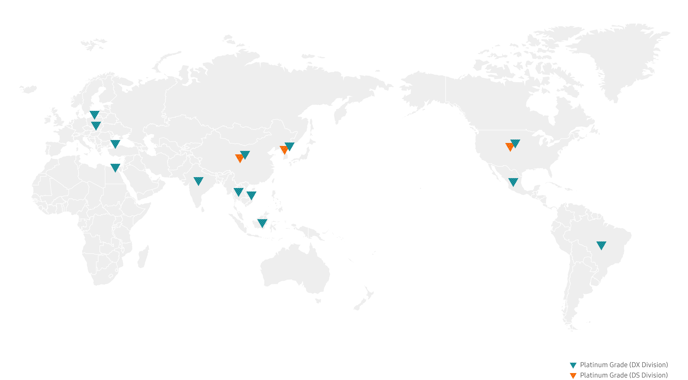 This image shows a world map of Zero Waste to Landfill certifications where orange inverted triangles indicate Platinum grade sites in the DS Division and teal inverted triangles indicate Platinum grade sites in the DX Division, with sites located in South Korea, China, India, Brazil, Poland, Egypt, Vietnam, Mexico, Indonesia, Thailand, the United States, and Türkiye, and Gold-grade sites located in Gumi (South Korea), Ho Chi Minh City (Vietnam), Hungary, and Malaysia.